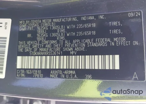 2024 Toyota Highlander Hybrid Xle z USA, uszkodzony, nr VIN 5TDKARAHXRS536141